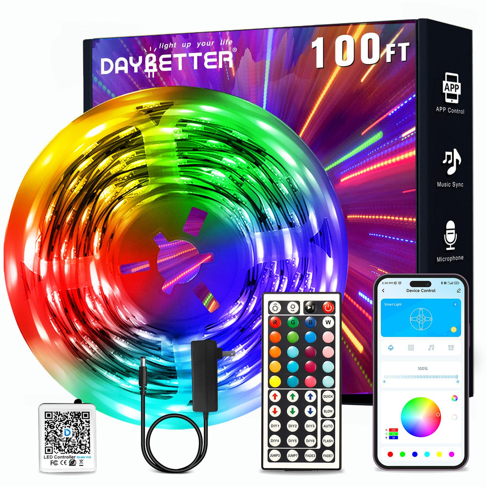 DAYBETTER LED Strip Lights 100ft length enhances room ambiance with vivid color options.