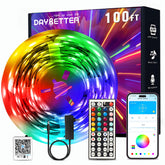 DAYBETTER LED Strip Lights 100ft length enhances room ambiance with vivid color options.