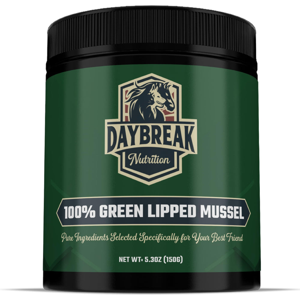 Daybreak Nutrition Pure Green Lipped Mussel Powder bottle for pet joint support.