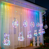 Dazzle Bright Easter Lights rabbit curtain decor enhances festive window ambiance.