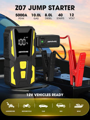 DBPOWER 5000A jump starter top display showing battery level and status