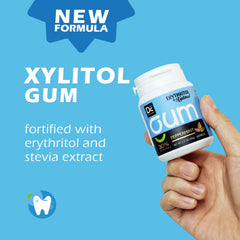 DC24 Daily Care gum bottle closeup highlighting sugar-free with erythritol