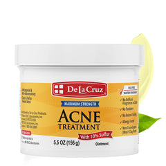 De La Cruz Sulfur Ointment jar beside a blemish for clearer skin.
