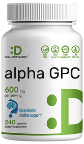 DEAL SUPPLEMENT Alpha GPC bottle highlights choline delivery for focus and clarity.