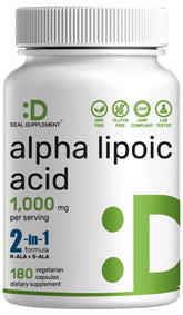 Deal Supplement Alpha Lipoic Acid bottle shows high-bioavailability formula for daily wellness.
