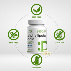 Deal Supplement Alpha Lipoic Acid label closeup confirms Non-GMO and allergen-free features.