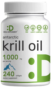 Deal Supplement Antarctic Krill Oil bottle highlighting 1000 mg daily omega-3 support.