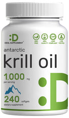 Deal Supplement Antarctic Krill Oil bottle highlighting 1000 mg daily omega-3 support.