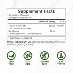 Deal Supplement benfotiamine capsules close-up highlights bioavailable B1 forms.