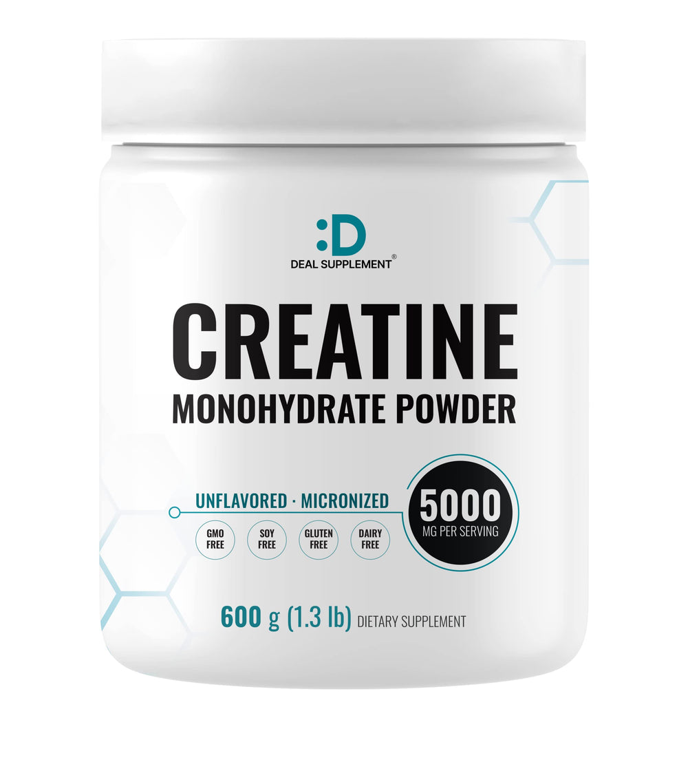 DEAL SUPPLEMENT creatine bottle front shows clear branding for quick pre workout use.
