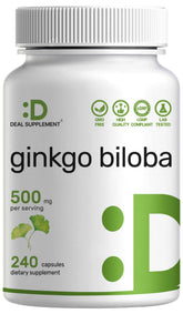 Deal Supplement Ginkgo Biloba 500mg bottle with label and capsules for daily brain support.