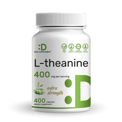 DEAL SUPPLEMENT L-Theanine 400mg bottle showcases a calm focus non-GMO formula.