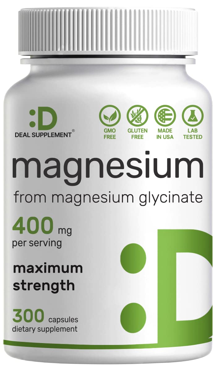 DEAL SUPPLEMENT Magnesium Glycinate 400mg bottle highlighting easy absorption.