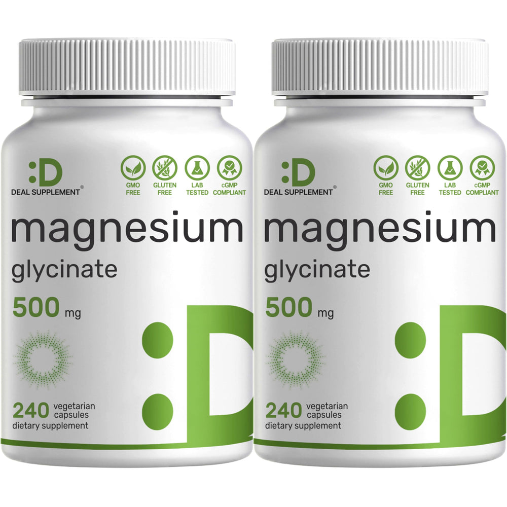 Deal Supplement Magnesium Glycinate 500mg bottle front, easy daily absorption.