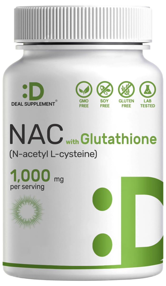Deal Supplement NAC bottle close-up showing 1,000mg serving and antioxidant support