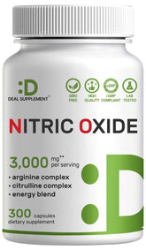 DEAL SUPPLEMENT Nitric Oxide 3,000mg bottle with 300 capsules for daily workout support.