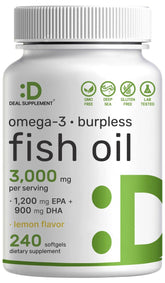 Deal Supplement Omega-3 softgels with lemon flavor, burpless design for easier daily use.