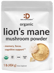 Deal Supplement Organic Lions Mane powder jar top view highlights premium packaging for daily use.