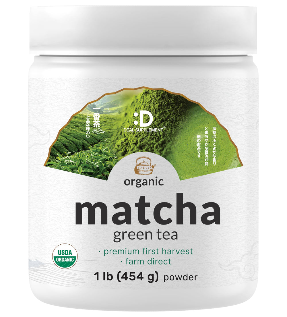 Deal Supplement Organic Matcha Powder jar with vibrant green powder for beverages.