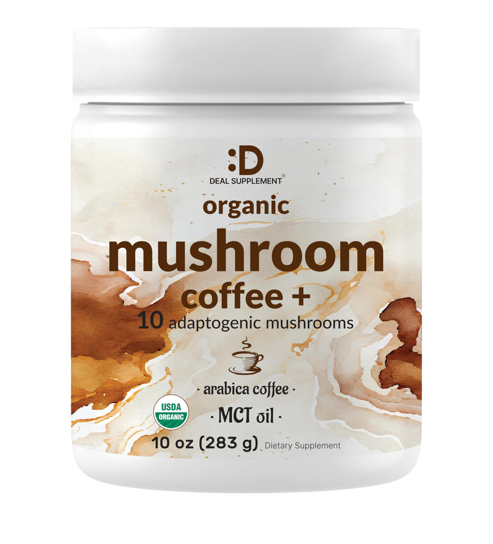 DEAL SUPPLEMENT organic mushroom coffee front label highlights 10 adaptogenic mushrooms for daily energy