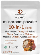 DEAL SUPPLEMENT Organic Mushroom Powder Bottle; non-GMO blend for immune and energy support.