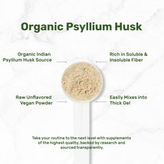 DEAL SUPPLEMENT Organic Psyllium Husk Powder measuring scoop ready for recipes.