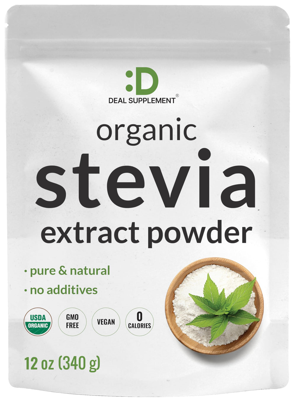 Deal Supplement Organic Stevia Powder jar for sugar-free sweetness in drinks