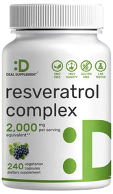 DEAL SUPPLEMENT Resveratrol Complex bottle shows a 2000mg formula for antioxidant support.