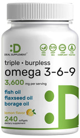 Deal Supplement triple omega 3-6-9 bottle showing lemon burpless formula for heart and brain health