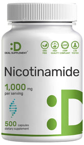 DEAL SUPPLEMENT Vitamin B3 Nicotinamide capsules on a white surface, flush-free daily support.