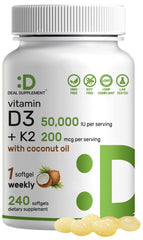 DEAL SUPPLEMENT vitamin d3 k2 softgel bottle shows weekly sunshine support for bones and immune health.