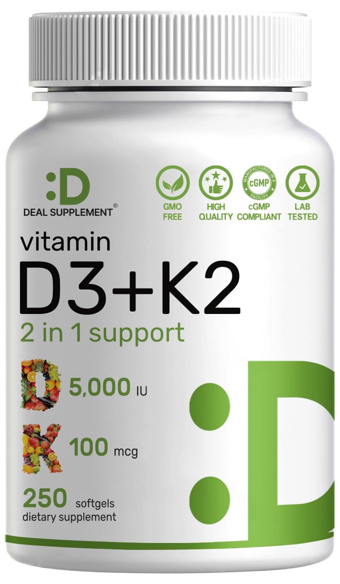 DEAL SUPPLEMENT Vitamin D3 + K2 softgels in bottle for daily support and calcium absorption.