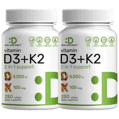 DEAL SUPPLEMENT vitamin D3 + K2 softgels bottle front shows the product and label highlights.