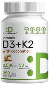 DEAL SUPPLEMENT vitamin d3 k2 softgels bottle supports daily bone and immune health.