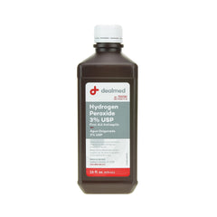 Dealmed hydrogen peroxide 3percent bottle on shelf shows versatile first aid use.