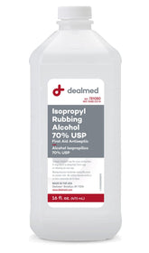 Dealmed Isopropyl Alcohol 70% USP bottle front shows ready-to-use antiseptic liquid.