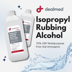 Dealmed Isopropyl Alcohol 70% USP bottle label highlights USP grade and uses.
