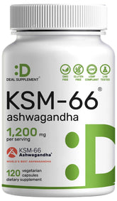 DEAL SUPPLEMENT Ashwagandha bottle 1200mg promotes calm and balanced energy.