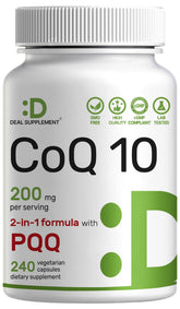 Deal Supplement CoQ10 with PQQ bottle showing packaging and antioxidant support potential.