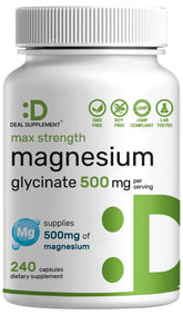 Deal Supplement Max Strength Magnesium Glycinate bottle shows easy absorption and high potency