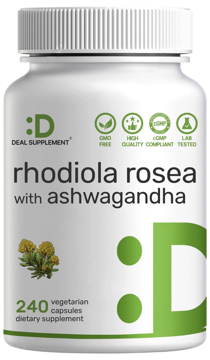 DEAL SUPPLEMENT Rhodiola-Ashwagandha bottle promotes daily calm and balanced energy.