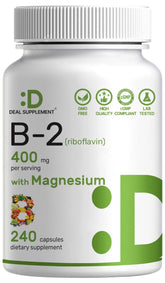 Deal Supplement Vitamin B2 400mg bottle with capsules for daily energy support.
