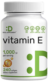 DEAL SUPPLEMENT Vitamin E 1000 IU softgels bottle for antioxidant protection.