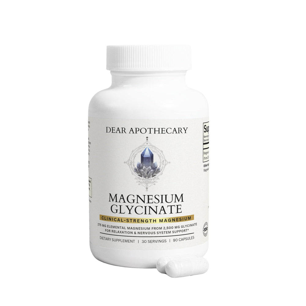 Dear Apothecary Magnesium Glycinate bottle front view highlights high absorption formula.