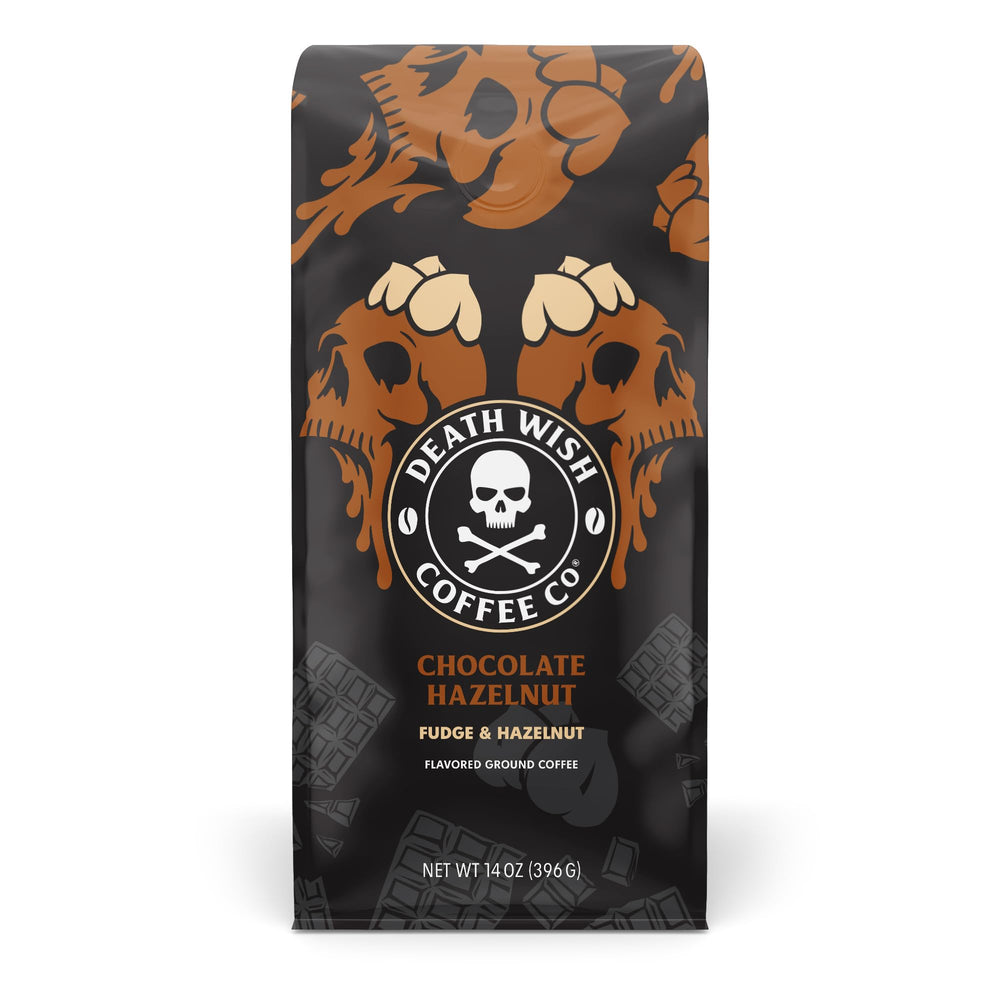 Death Wish Chocolate Hazelnut ground coffee 14 oz bag, ready for bold mornings.