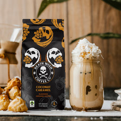 Death Wish Coffee Coconut Caramel packaging shows USDA Organic and Fair Trade.