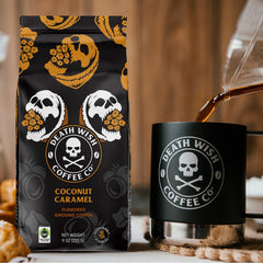 Death Wish Coffee Coconut Caramel steaming mug with rich aroma.