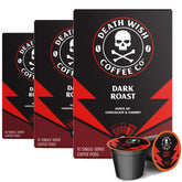 Death Wish Coffee dark roast pods 30-count pack, bold morning boost.