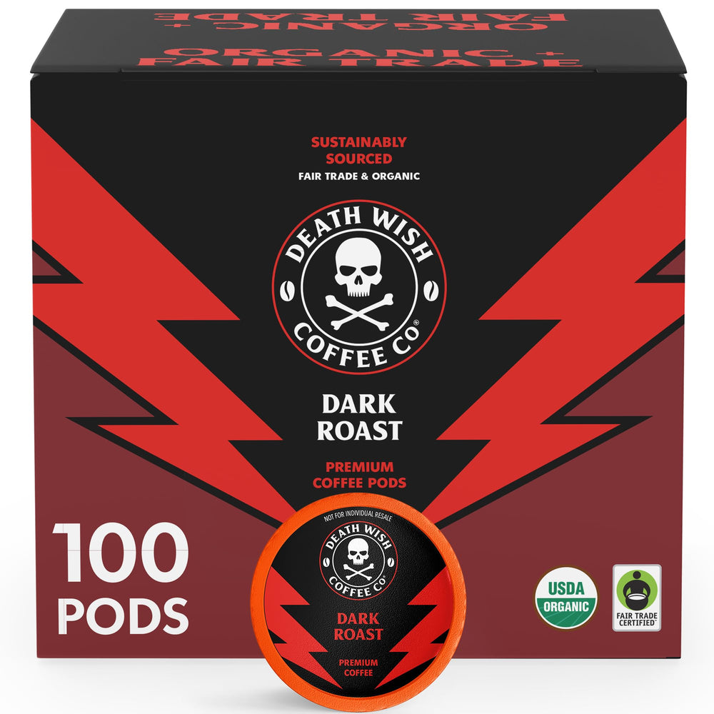 Death Wish Coffee dark roast pods in box highlighting bold flavor.