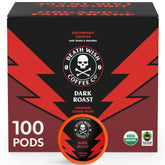 Death Wish Coffee dark roast pods in box highlighting bold flavor.
